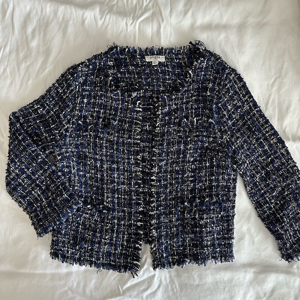 Umgee Open Front Cropped Tweed Fringed Blazer